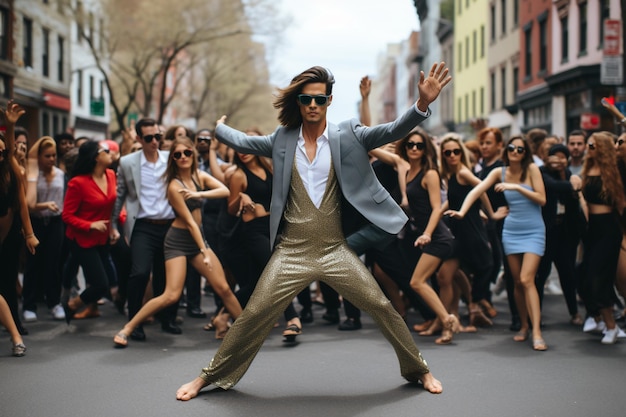 A man dancing in front of a crowd of dancing people on the street