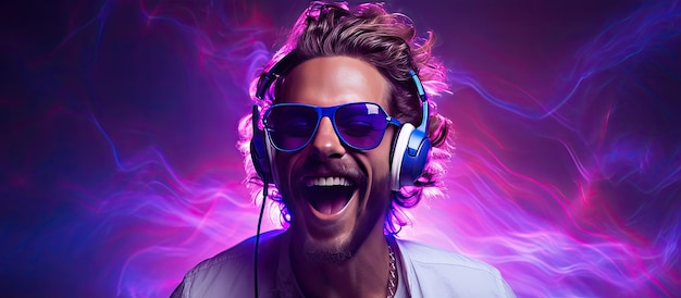 Man dancing and listening to music with headphones DJ s happiness and smile hipster lifestyle purple background with neon lights room for text