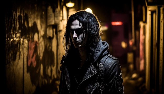 A man in a dark alley with a graffiti wall behind him.