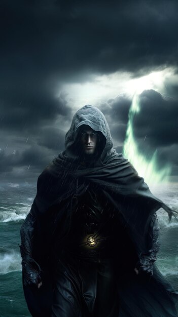 a man in a dark cloak stands in the water with a green light on his head