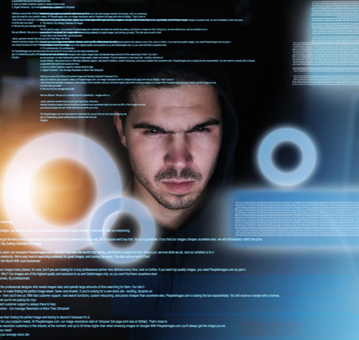 Photo man dark and data overlay for hacking criminal programmer and information or code for security threat encryption cyberattack and analysis for override malware algorithm and night with it skills