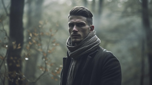 A man in a dark forest wearing a scarf and a scarf.