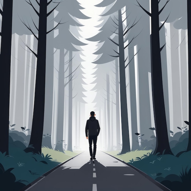 Photo a man in a dark foresta man in a dark forest man walking in forest with pine trees