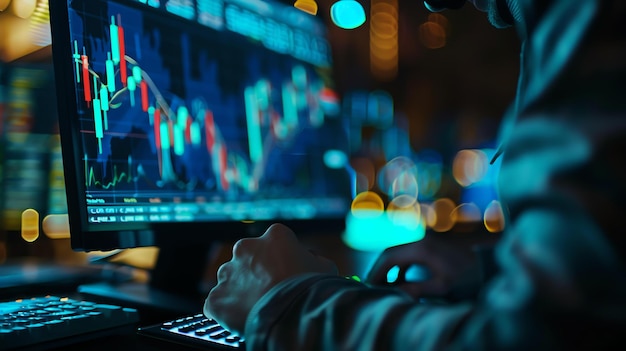 A man in a dark room is looking at a computer screen with a stock market chart