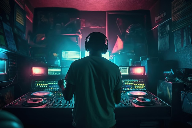 A man in a dark room with a dj's headphones on.