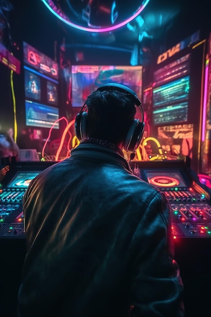 A man in a dark room with a gaming console and a neon sign that says cyberpunk.