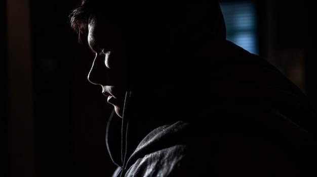 A man in a dark room with a hoodie on.