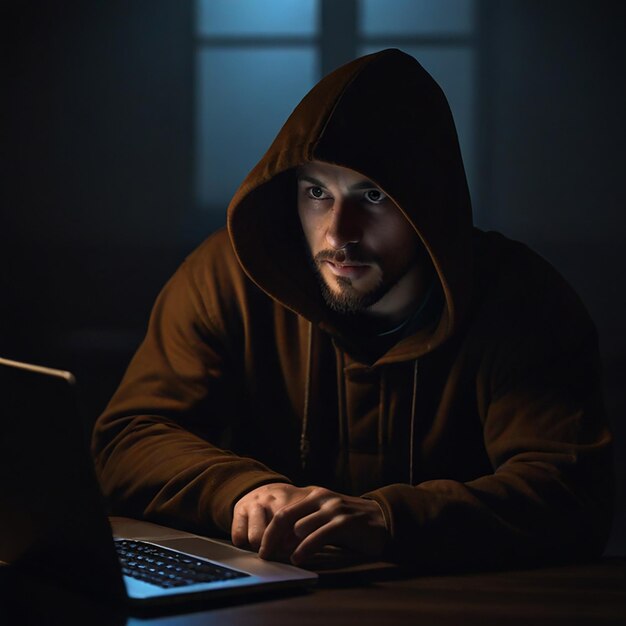 Photo a man in a dark room with a laptop on his lap