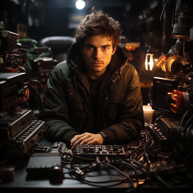 A man in a dark room with a laptop and a light on the ceiling.