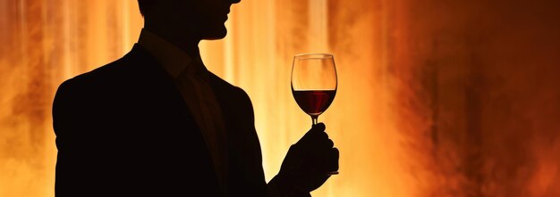 Photo man in dark suit holding a glass of red wine in silhouette