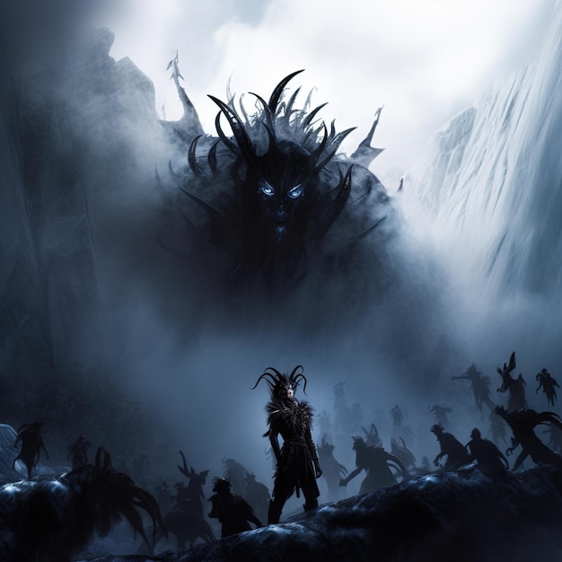 A man in a dark suit stands in front of a large monster with blue eyes