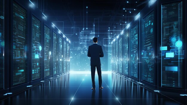 Man in data center with blue digital lights