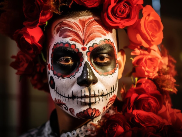 장난스러운 포즈로 Day of the Dead 메이크업을 한 남자