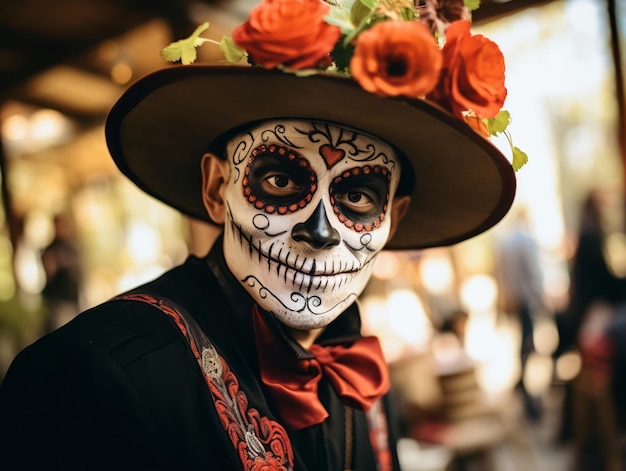man in Day of the Dead makeup with playful pose