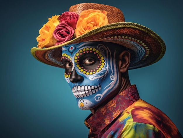 man in Day of the Dead makeup with playful pose
