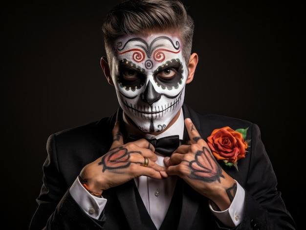 man in Day of the Dead makeup with playful pose