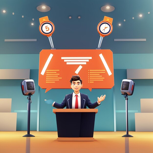 Man Debate On Podium Holding Microphone Cartoon Vector Icon Illustration People Technology Icon Concept Isolated Premium Vector FlatCartoon Style