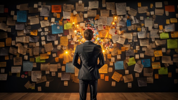 Photo a man deep in thought surrounded by colorful sticky notes on a wall