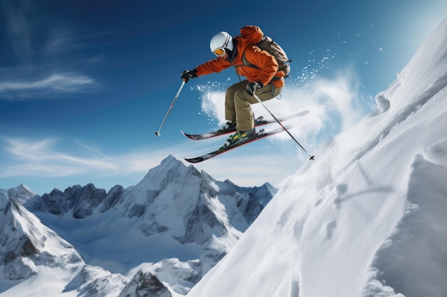 Photo a man defying gravity as he flies through the air while riding skiis skier performing a jump on a snowy mountain slope ai generated