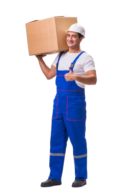 Man delivering box isolated on white