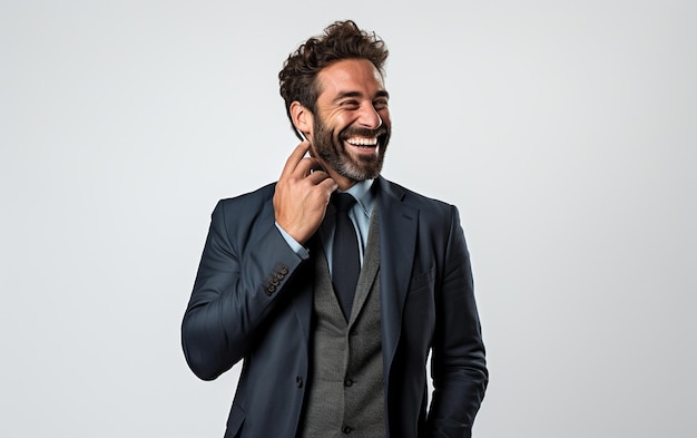 A Man Demonstrating a Talking on the Phone Pose on a white background