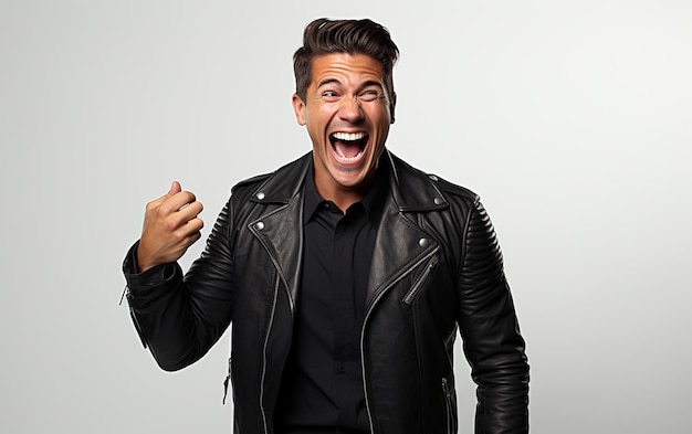 A Man Demonstrating a Talking on the Phone Pose on a white background