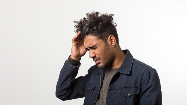 a man in a denim jacket holds his head in his hands