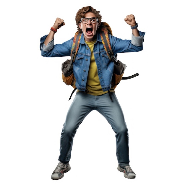 A man in a denim jacket is screaming and wearing a backpack.