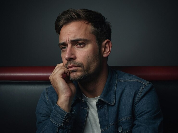 Photo a man in a denim jacket is sitting in a booth