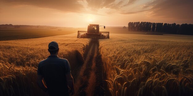 Man in denim shirt and cap stands on the road through the wheat field Big combine harvester working in the farmland Sunset backdrop Generative AI