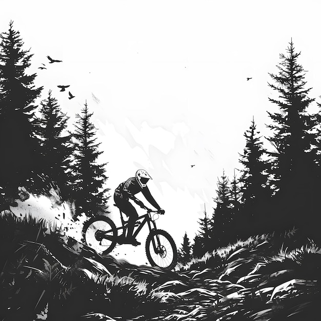 나무 와 파란 하늘 에 둘러싸인 산악 자전거 를 타고 바위 언덕 을 내려가는 사람