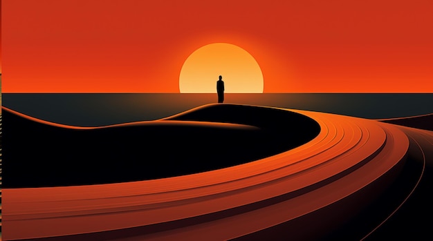Человек в пустыне 3D иллюстрация Закат над пустыней