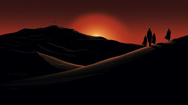 Photo man in the desert 3d illustration sunset over the desert