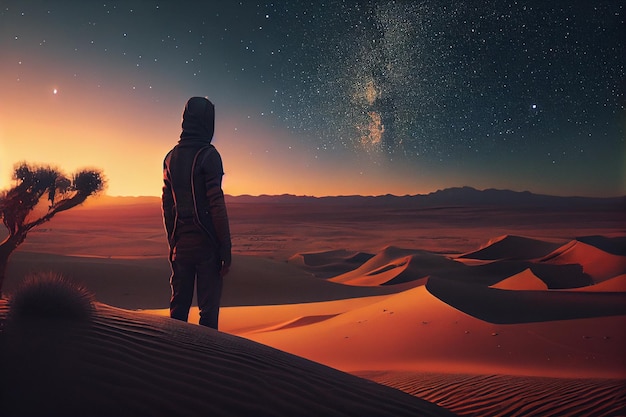 Man in the desert at night with starry sky and milky waygenerative ai