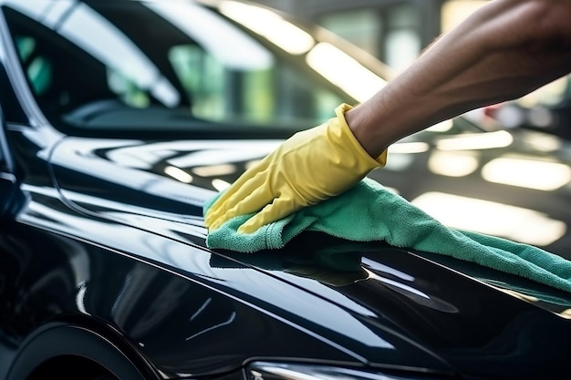 Man detailleert auto met microfiber doek generatieve AI