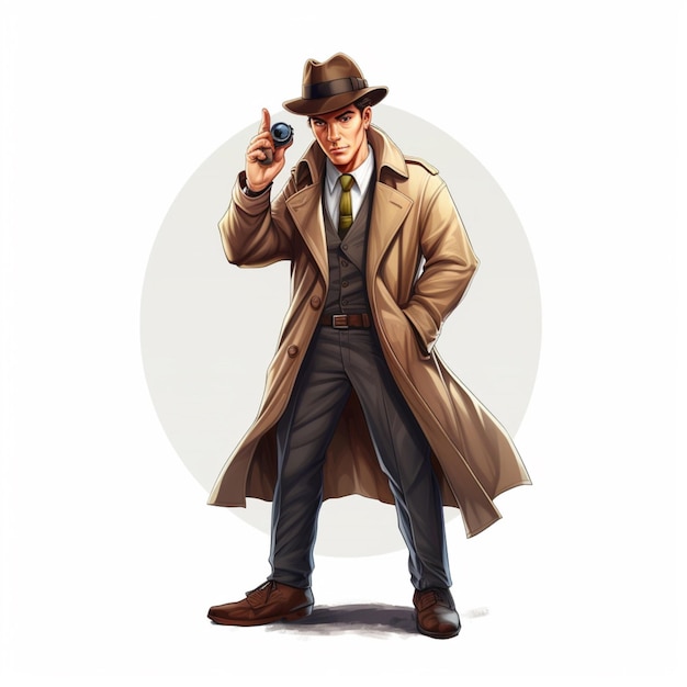 Foto man detective 2d cartoon illustraton op witte achtergrond