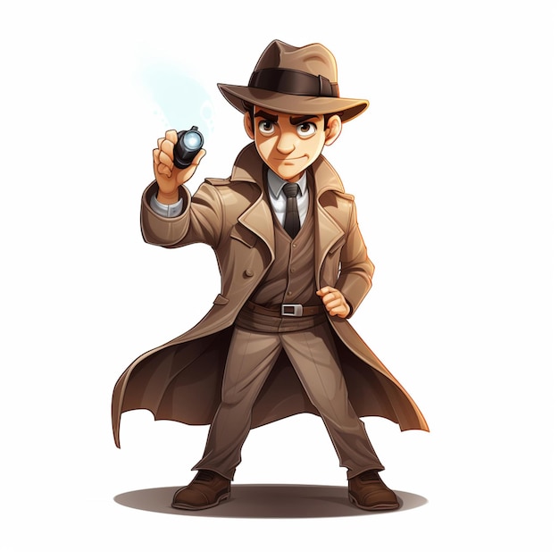 Man detective 2d cartoon illustraton on white background