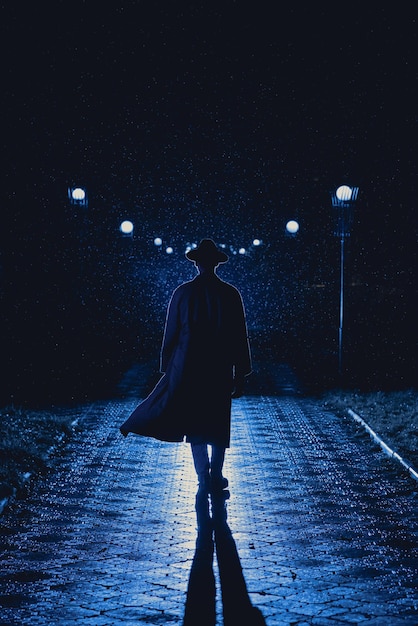 Man detective agent in a hat and raincoat at night in a rainy city