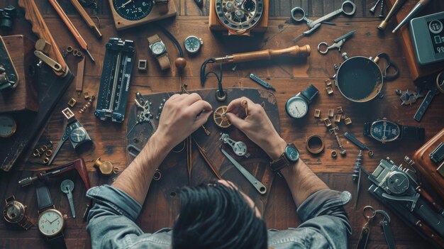 Man die aan een houten tafel werkt met verschillende artikelen