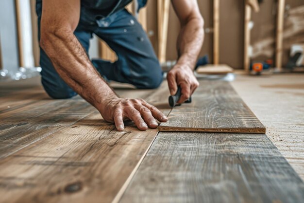 Man die aan een houten vloer werkt Timmermanschap Constructie Hardhoutvloer Arbeid Renovatie