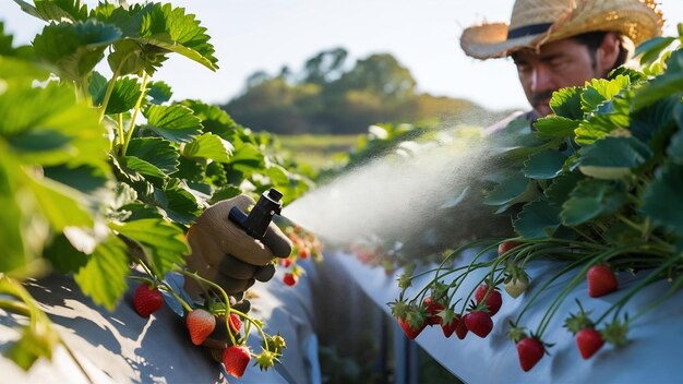 Man die aardbeien plant bespuit