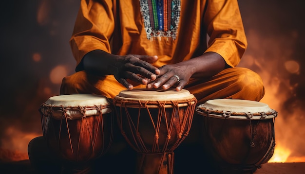 Man die Afrikaanse drums speelt in etno-kostuum