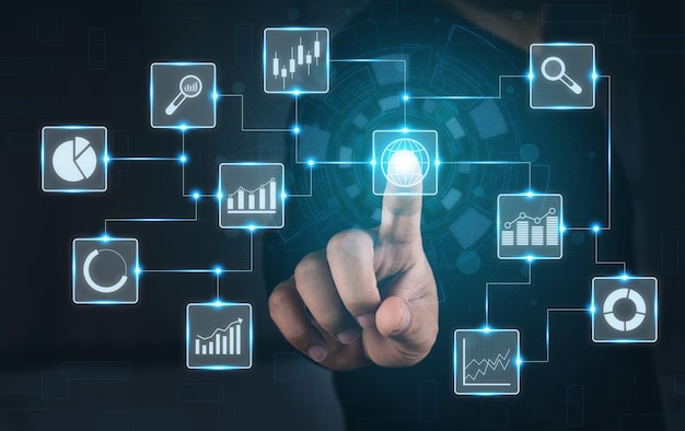 Foto man die beurs virtuele pictogrammen aanraakt zakenman die big data gebruikt voor analyse en business intelligence bi met grafiek- en grafiekpictogrammen op een digitale scherminterface online digitaal en markt