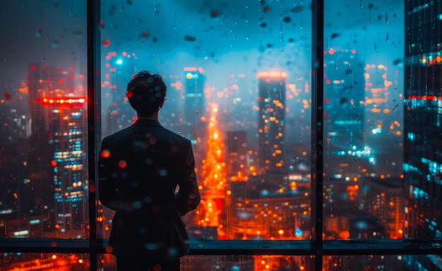 Man die bij het raam staat op de achtergrond van het stadsbeeld en's nachts naar wolkenkrabbers kijkt