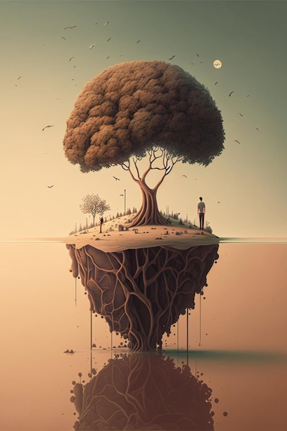 Man die bovenop een drijvend eiland staat naast een boom generatieve ai