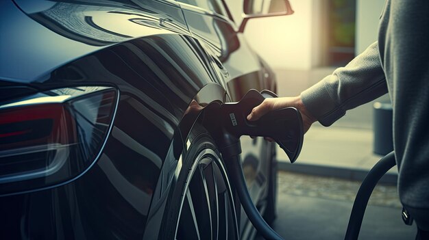 Man die de oplader aansluit op een elektrische auto bij het laadstation