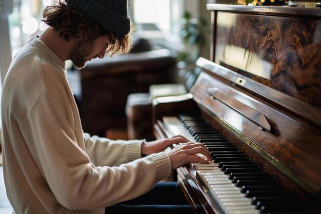 man die de piano speelt foto in een huiselijke sfeer