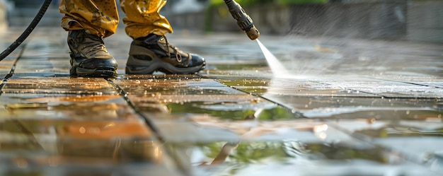 Man die de straattegels ijverig wast met een waterslang onder hoge druk Concept Buiten schoonmaken Hoogdrukwaterslang Straattegels Diligent werker