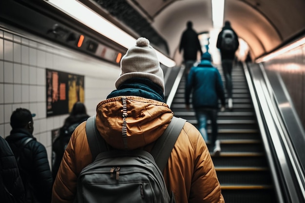 Man die de trap op klimt in de stadstunnel casual lifestyle illustratie Generatieve AI