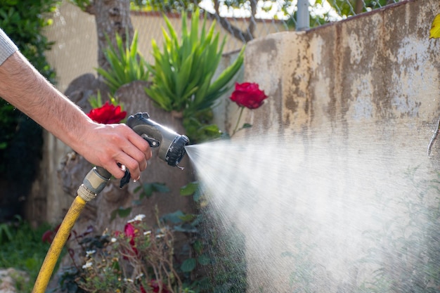 Man die de tuin van het huis water geeft met een slang Tuinieren